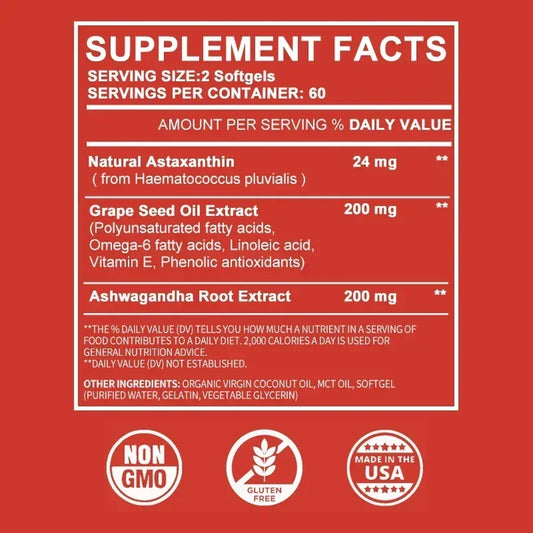 Astaxanthin 24mg - with Ashwagandha, Grape Seed Oil Extract.