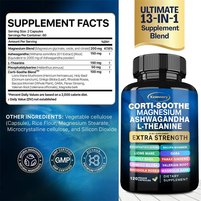 Corti-Soothe Cortisol Supplement met Magnesium, Ashwagandha, L-Theanine - Beheers stress. 