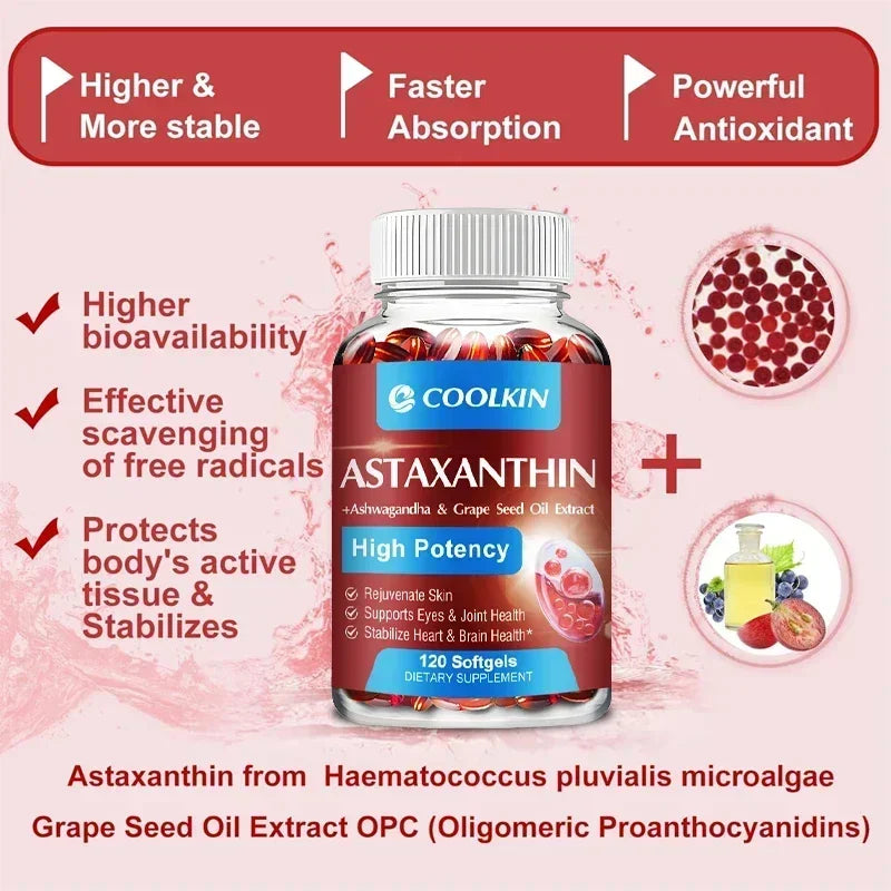 Astaxanthin 24mg - with Ashwagandha, Grape Seed Oil Extract.