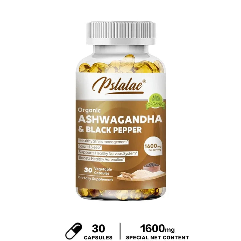Natuurlijke Ashwagandha 1600 mg met zwarte peperextract.