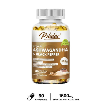 Natuurlijke Ashwagandha 1600 mg met zwarte peperextract.