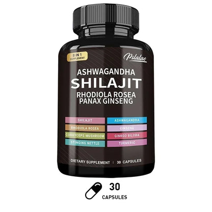 Shilajit, Ashwagandha, Rhodiola Rosea, 8 in 1 supplement.