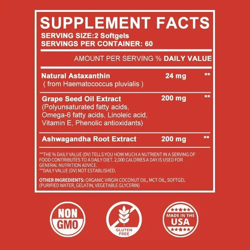 Astaxanthin 24mg - with Ashwagandha, Grape Seed Oil Extract.