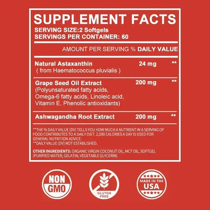 Astaxanthin 24mg - with Ashwagandha, Grape Seed Oil Extract.