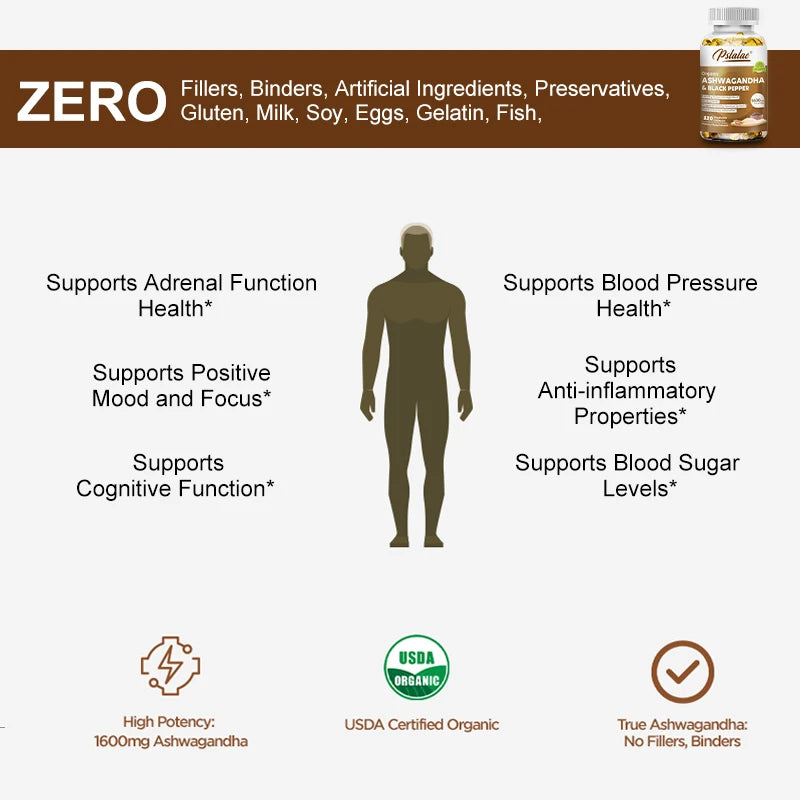 Natuurlijke Ashwagandha 1600 mg met zwarte peperextract.