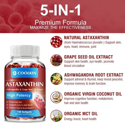 Astaxanthin 24mg - with Ashwagandha, Grape Seed Oil Extract.