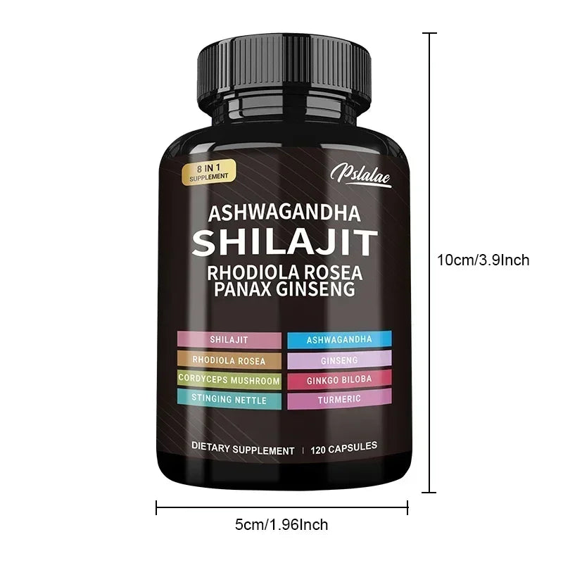 Shilajit, Ashwagandha, Rhodiola Rosea, 8 in 1 supplement.