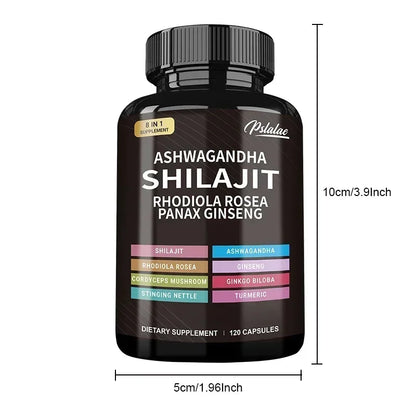 Shilajit, Ashwagandha, Rhodiola Rosea, 8 in 1 supplement.