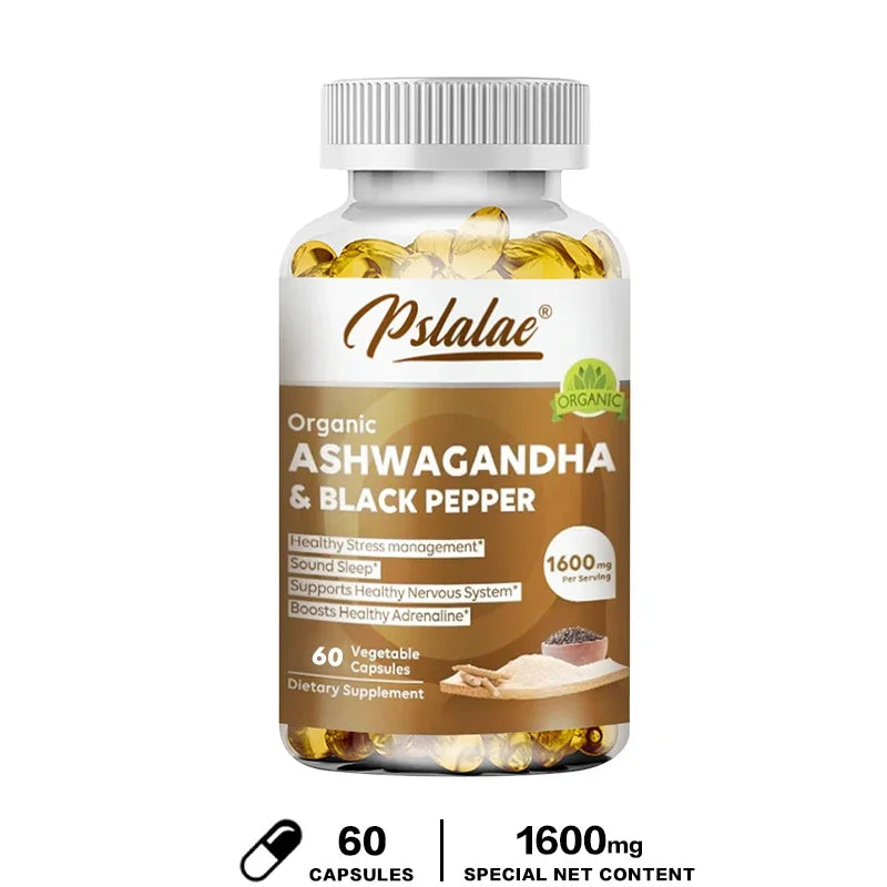 Natuurlijke Ashwagandha 1600 mg met zwarte peperextract.