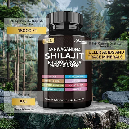 Shilajit, Ashwagandha, Rhodiola Rosea, 8 in 1 supplement.