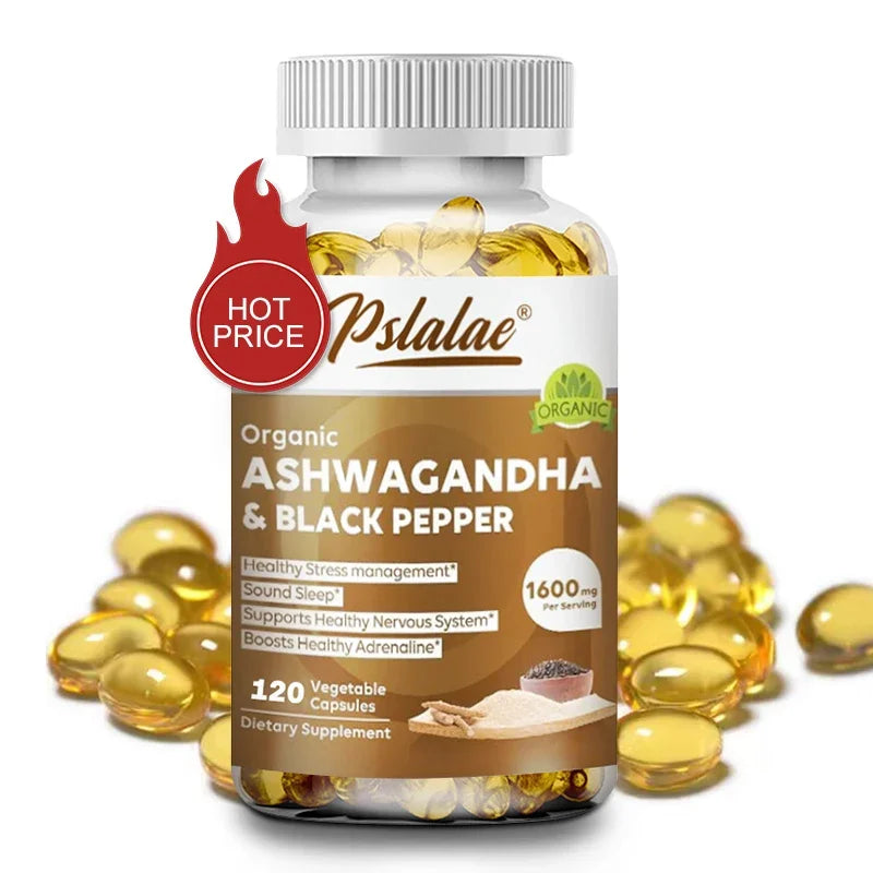 Natuurlijke Ashwagandha 1600 mg met zwarte peperextract.