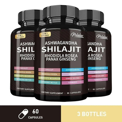 Shilajit, Ashwagandha, Rhodiola Rosea, 8 in 1 supplement.