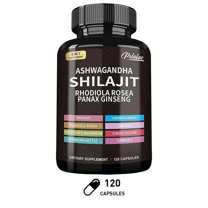 Shilajit, Ashwagandha, Rhodiola Rosea, 8 in 1 supplement.