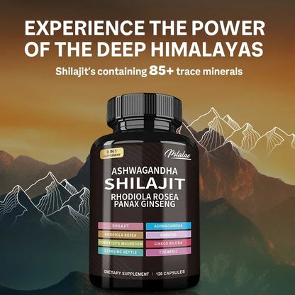 Shilajit, Ashwagandha, Rhodiola Rosea, 8 in 1 supplement.