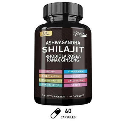 Shilajit, Ashwagandha, Rhodiola Rosea, 8 in 1 supplement.