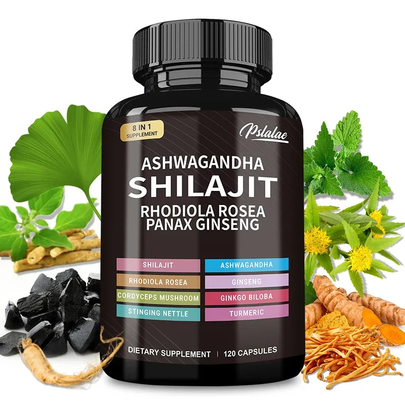 Shilajit, Ashwagandha, Rhodiola Rosea, 8 in 1 supplement.
