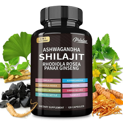 Shilajit, Ashwagandha, Rhodiola Rosea, 8 in 1 supplement.