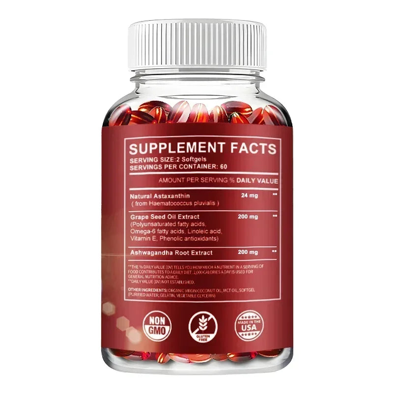 Astaxanthin 24mg - with Ashwagandha, Grape Seed Oil Extract.