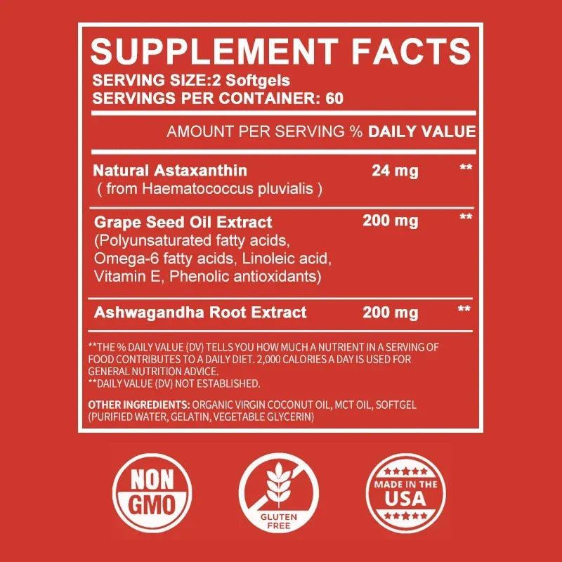 Astaxanthin 24mg - with Ashwagandha, Grape Seed Oil Extract.