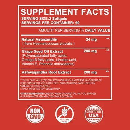 Astaxanthin 24mg - with Ashwagandha, Grape Seed Oil Extract.